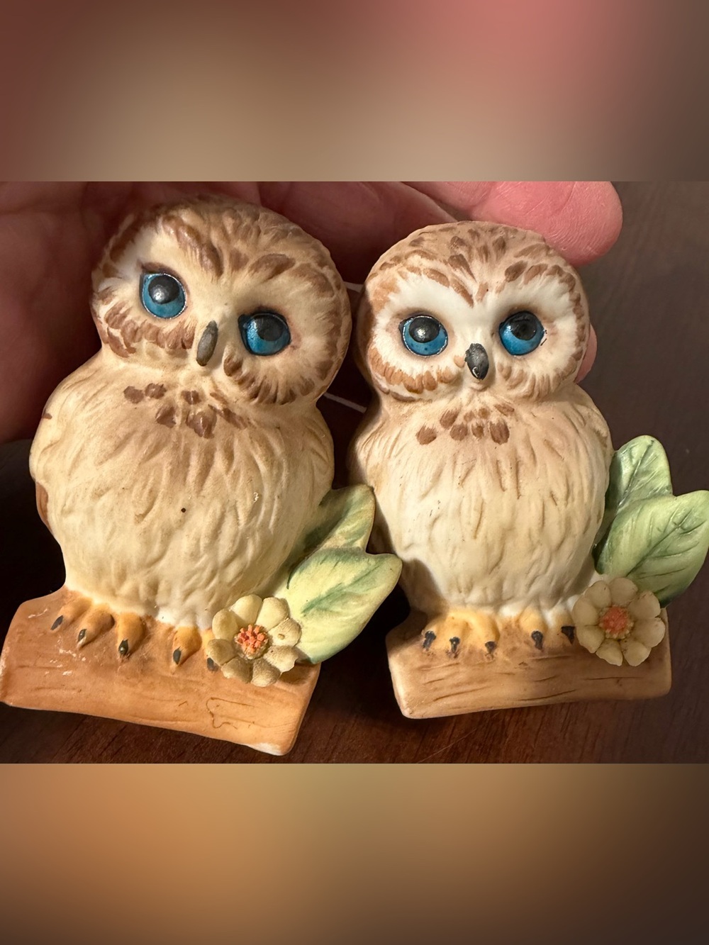 Pair Of 2 Vintage Ceramic Owls On Branch
